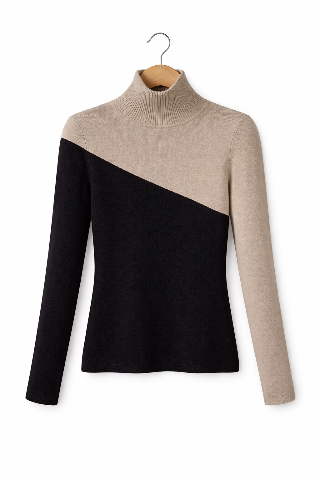 Asymetryczny dwukolorowy dzianinowy golf z długimi rękawami dla kobiet