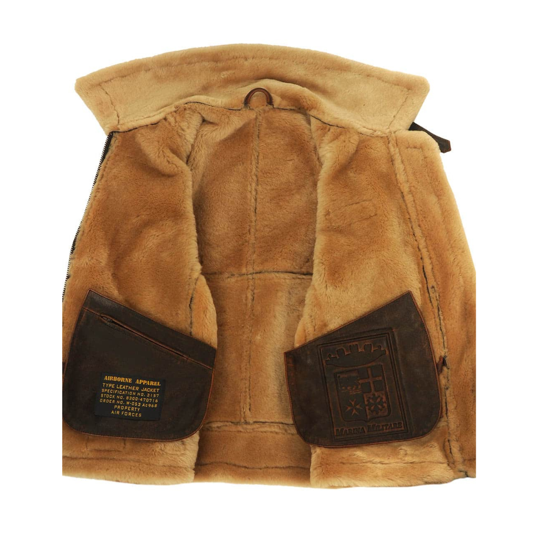 Męska ciemna kurtka lotnicza z powlekanego materiału tekstylnego z kołnierzem w stylu shearling