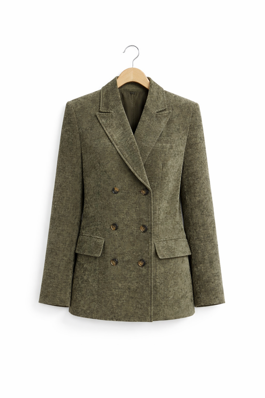 Aksamitna damska kurtka zapinana na guziki, o strukturalnym kroju