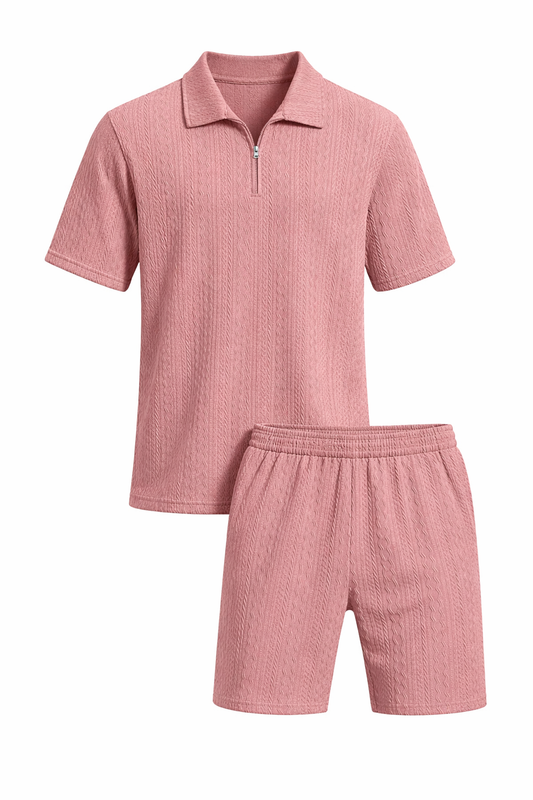 Teksturowany Komplet z Koszulką Polo na Zamek i Szortami