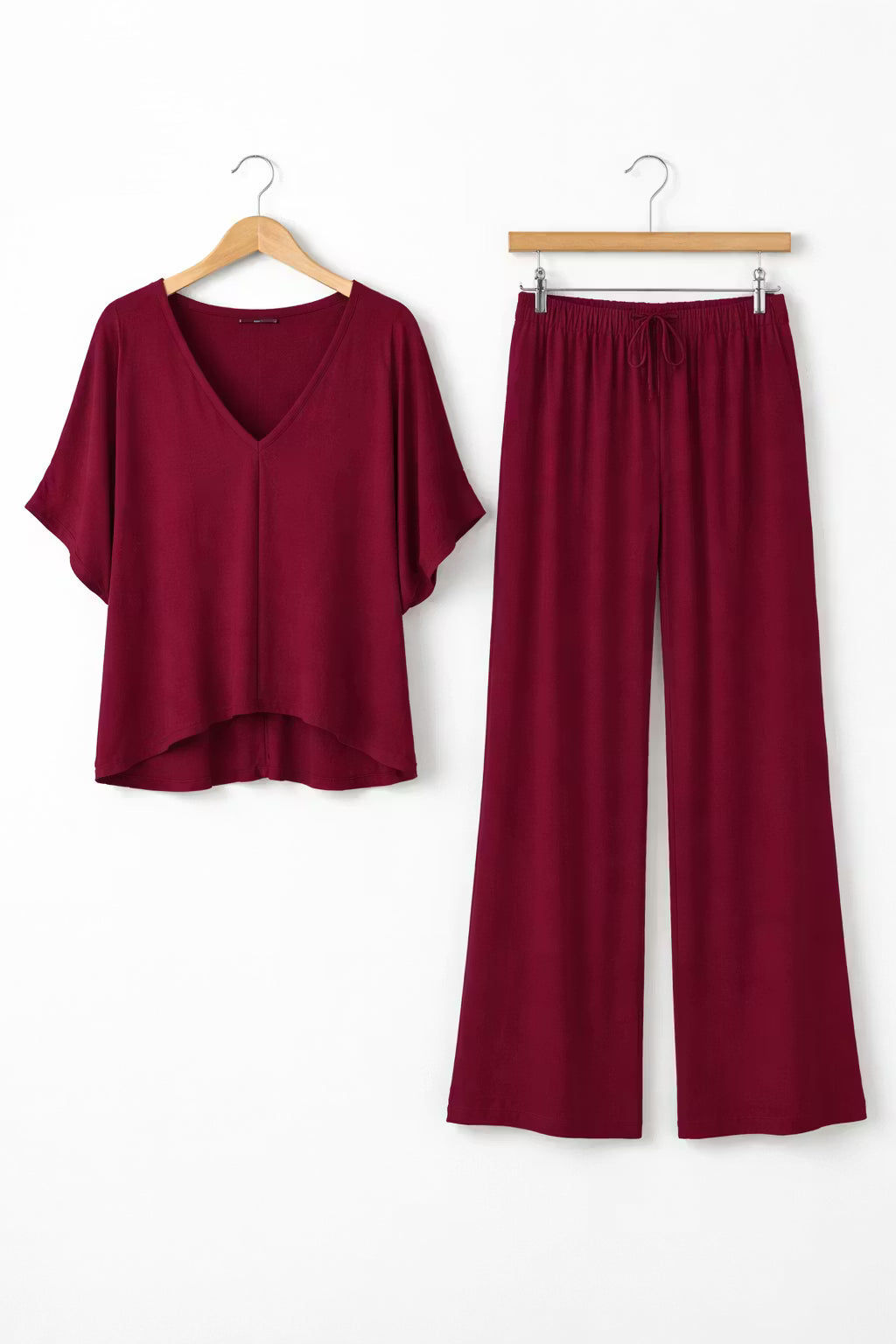 Damski Zestaw Drapowana Koszulka i Spodnie z Szeroką Nogawką
