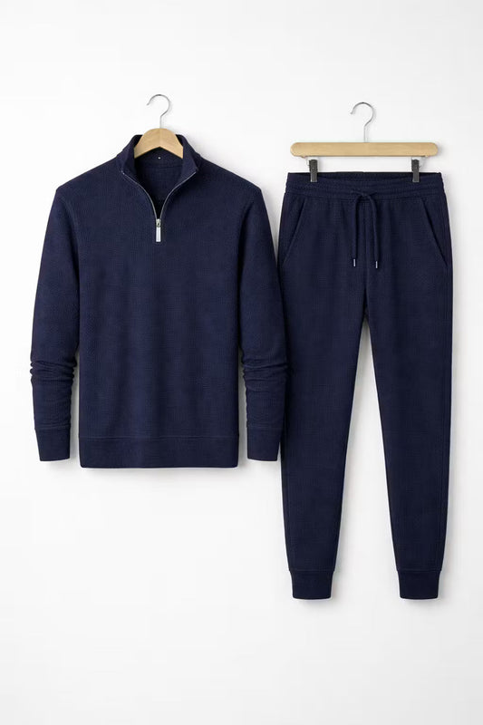 Teksturowany Komplet z Bluzą na Zamek i Dopasowanymi Spodniami