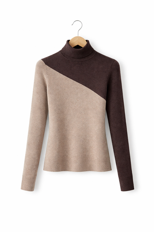 Asymetryczny dwukolorowy dzianinowy golf z długimi rękawami dla kobiet