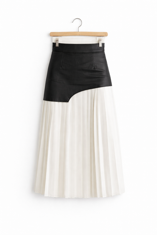 Asymetryczna spódnica maxi wykonana ze sztucznej skóry i szyfonu