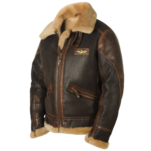 Męska ciemna kurtka lotnicza z powlekanego materiału tekstylnego z kołnierzem w stylu shearling