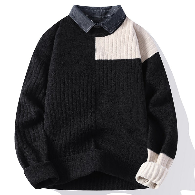 Męski sweter z dzianiny w stylu patchworkowym, z długimi rękawami, prążkowanymi wstawkami i dopasowanym krojem