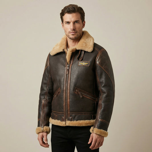 Męska ciemna kurtka lotnicza z powlekanego materiału tekstylnego z kołnierzem w stylu shearling