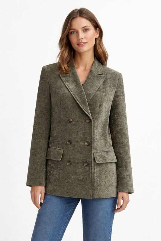 Aksamitna damska kurtka zapinana na guziki, o strukturalnym kroju