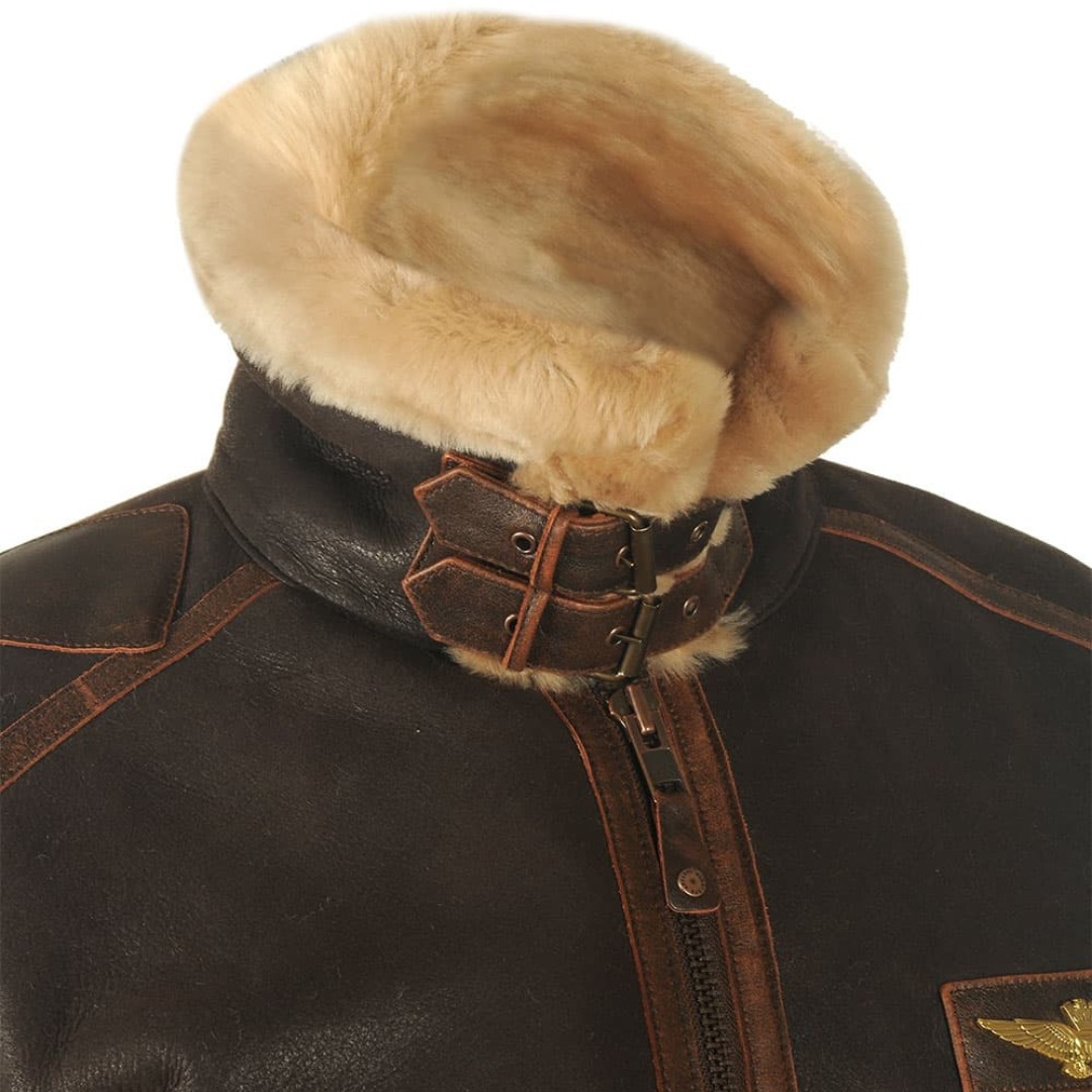 Męska ciemna kurtka lotnicza z powlekanego materiału tekstylnego z kołnierzem w stylu shearling