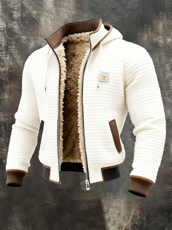Męska brązowa pikowana kurtka z powlekanego materiału tekstylnego z wewnętrznym wykończeniem w stylu shearling, zapinana na zamek