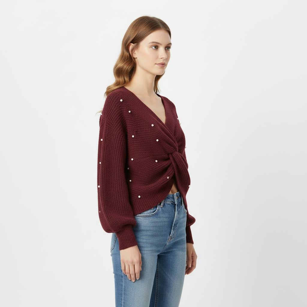 Dzianinowy Top w Kropki z Przodem Skręcanym