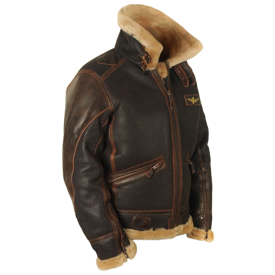 Męska ciemna kurtka lotnicza z powlekanego materiału tekstylnego z kołnierzem w stylu shearling