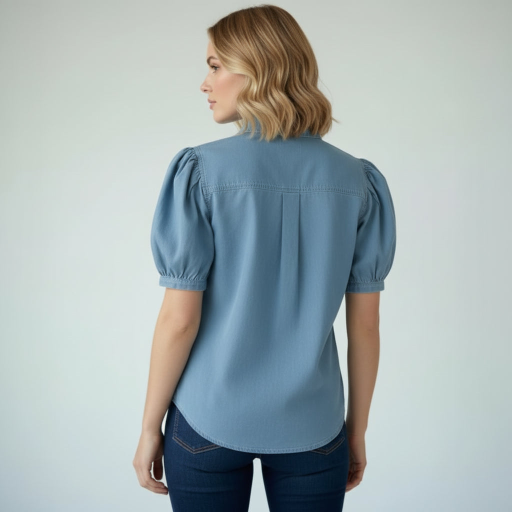 Bluzka z Bufiastym Rękawem Zapinana na Guziki
