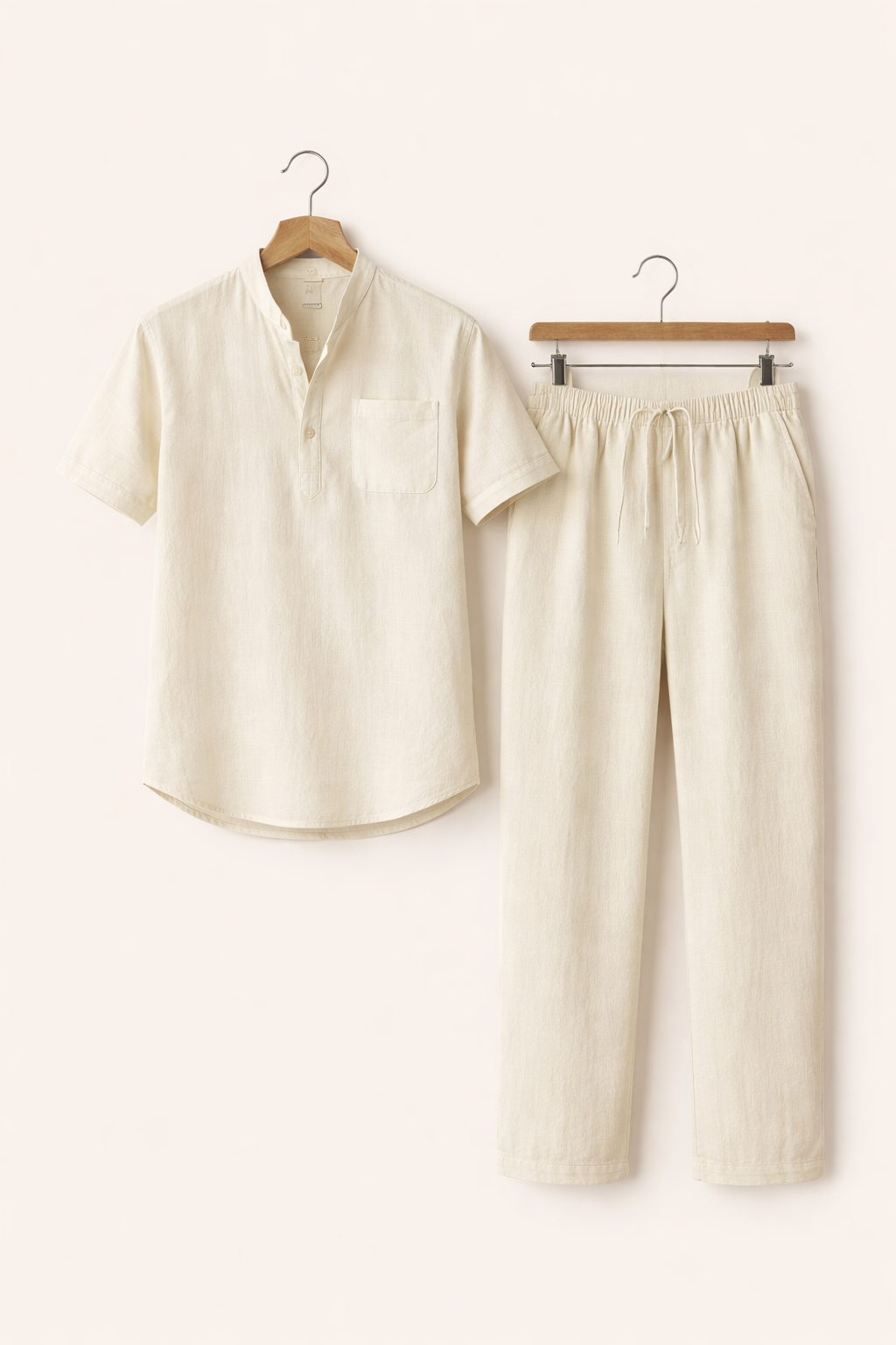 Teksturowany Komplet z Koszulą z Krótkim Rękawem i Spodniami z Mieszanki Lnu