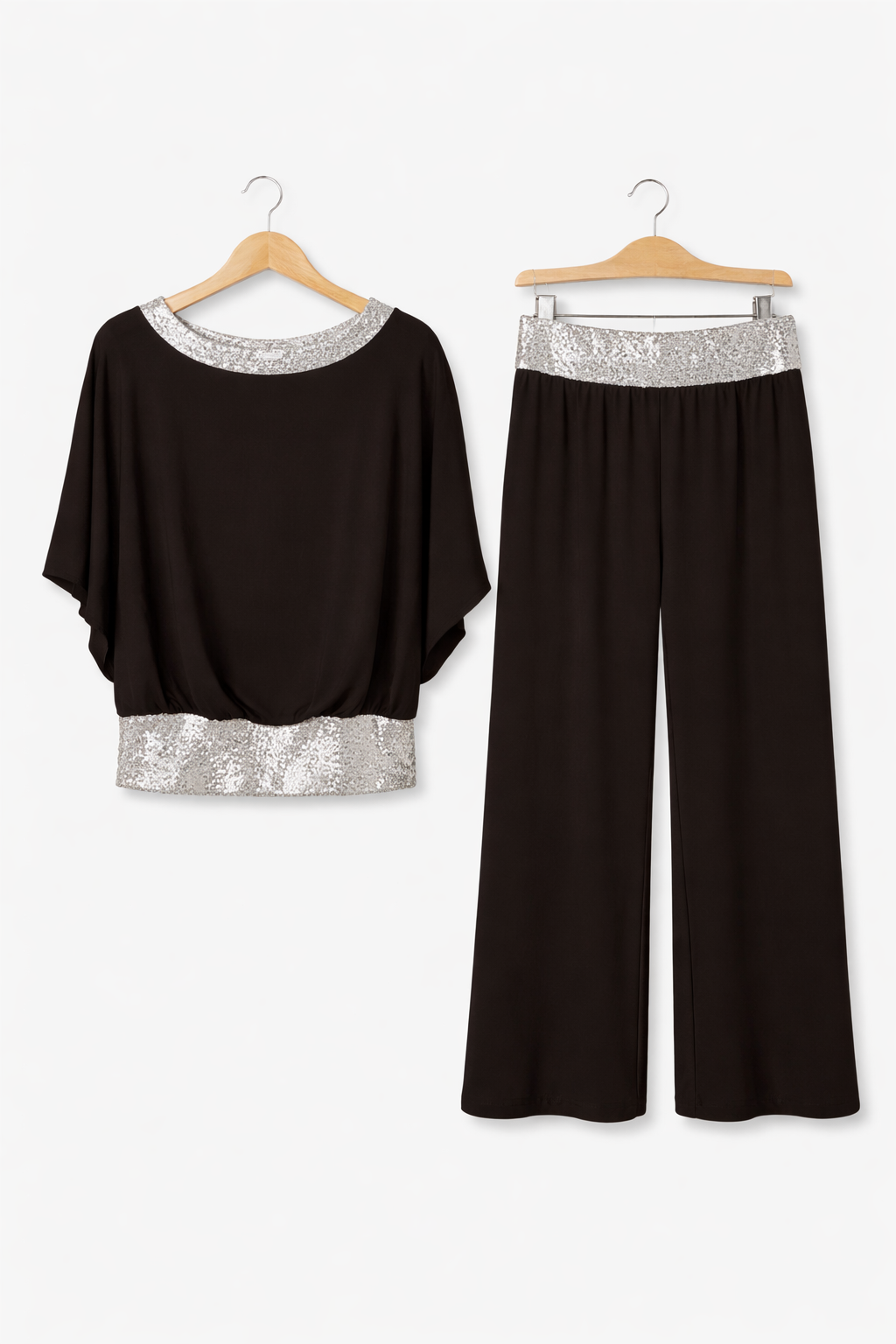 Damski Zestaw Drapowana Bluzka i Spodnie z Szeroką Nogawką