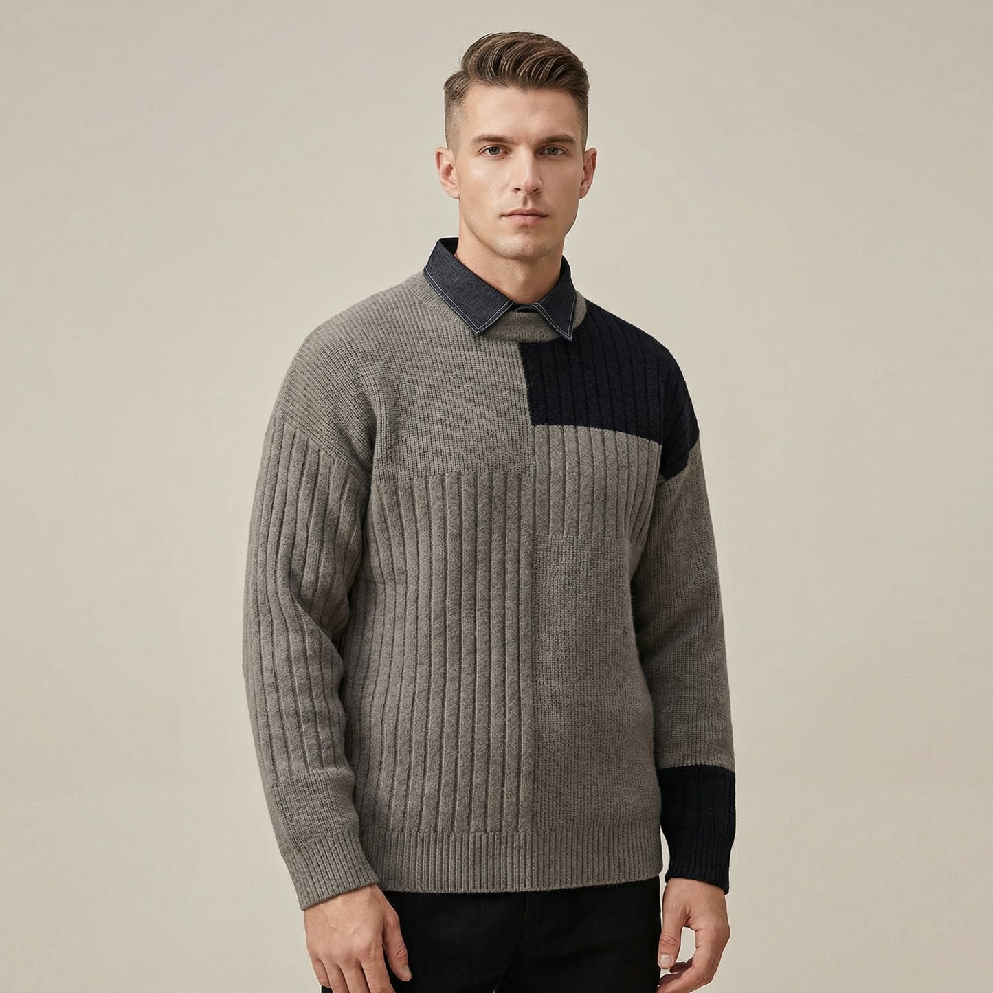Męski sweter z dzianiny w stylu patchworkowym, z długimi rękawami, prążkowanymi wstawkami i dopasowanym krojem