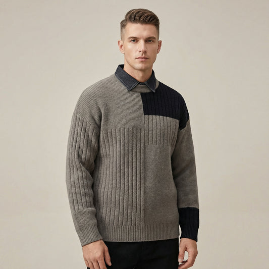 Męski sweter z dzianiny w stylu patchworkowym, z długimi rękawami, prążkowanymi wstawkami i dopasowanym krojem