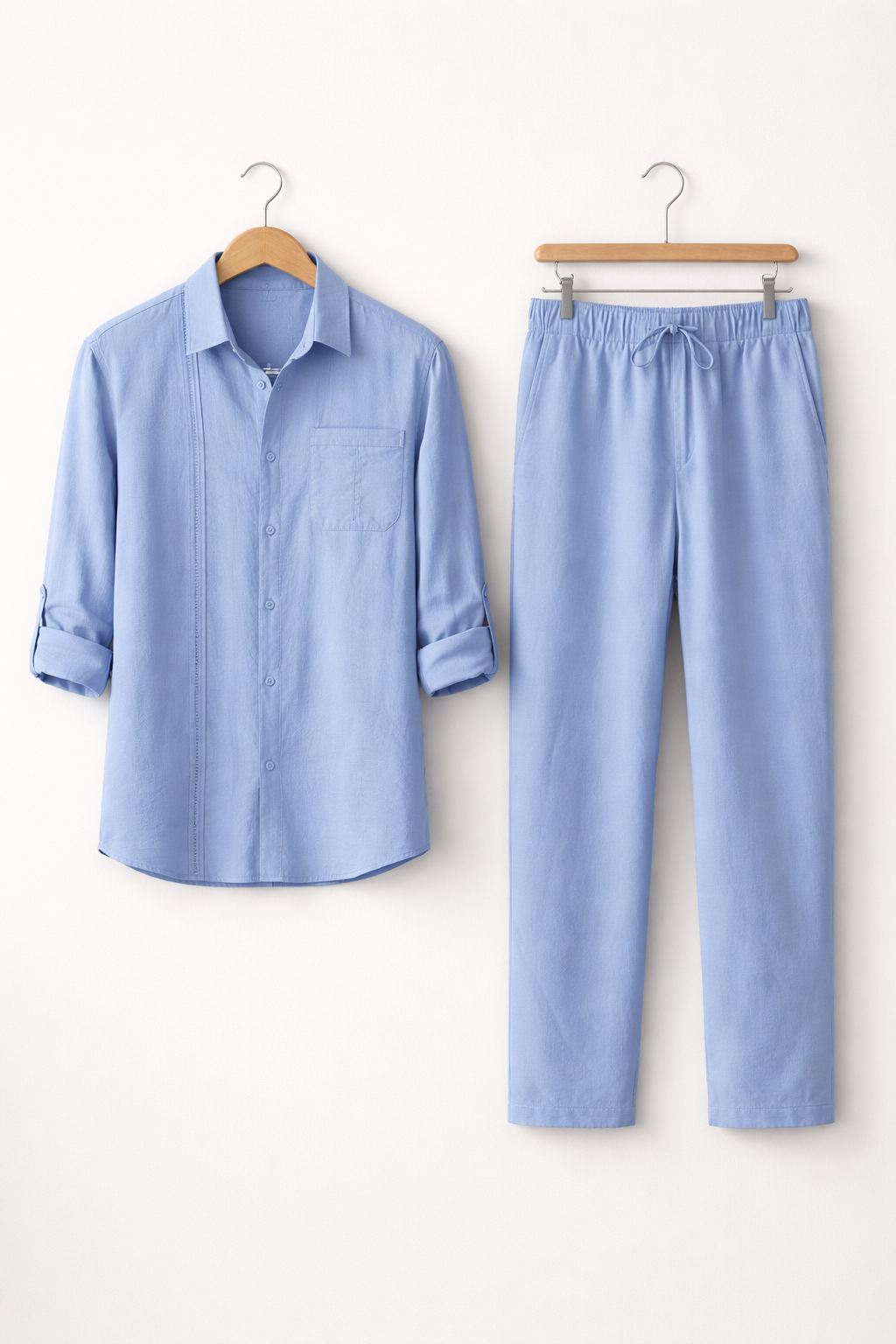 Teksturowany Komplet w Odcieniu Szałwii z Koszulą i Spodniami ze Sznurkiem