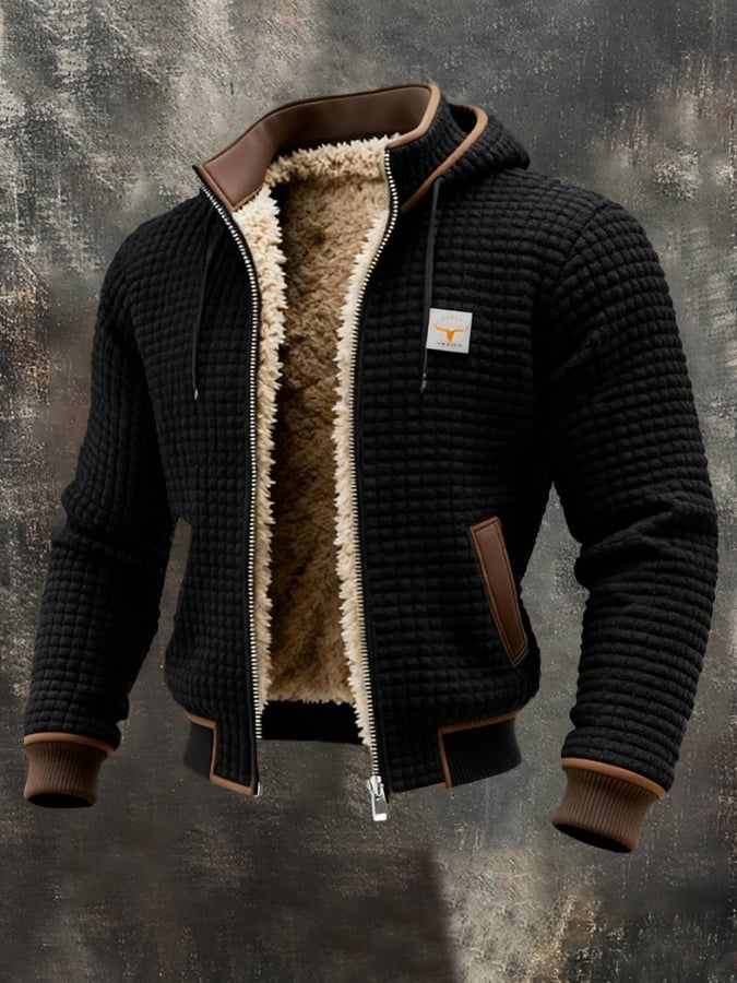 Męska brązowa pikowana kurtka z powlekanego materiału tekstylnego z wewnętrznym wykończeniem w stylu shearling, zapinana na zamek