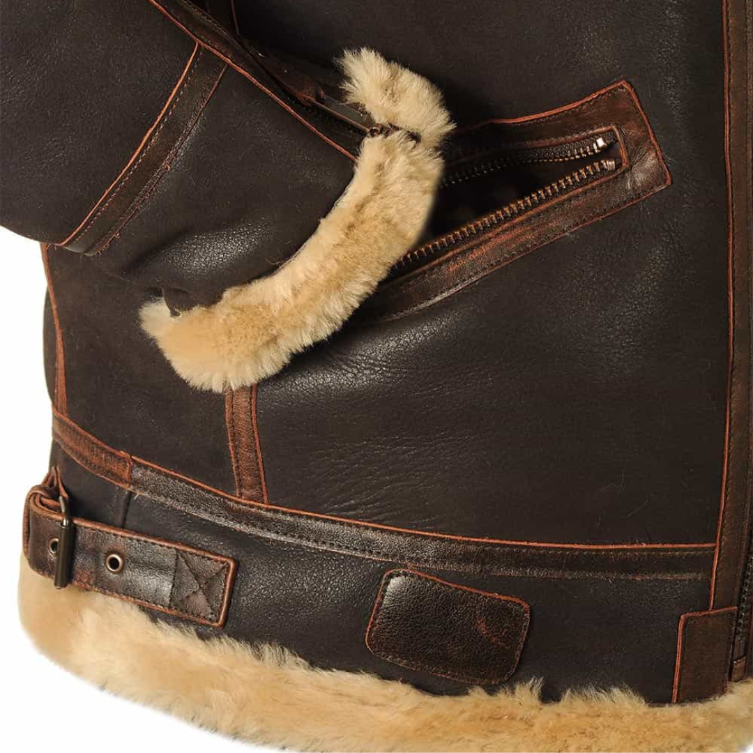 Męska ciemna kurtka lotnicza z powlekanego materiału tekstylnego z kołnierzem w stylu shearling