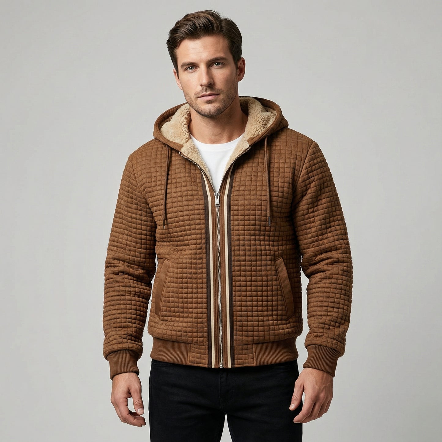 Męska brązowa pikowana kurtka z powlekanego materiału tekstylnego z wewnętrznym wykończeniem w stylu shearling, zapinana na zamek