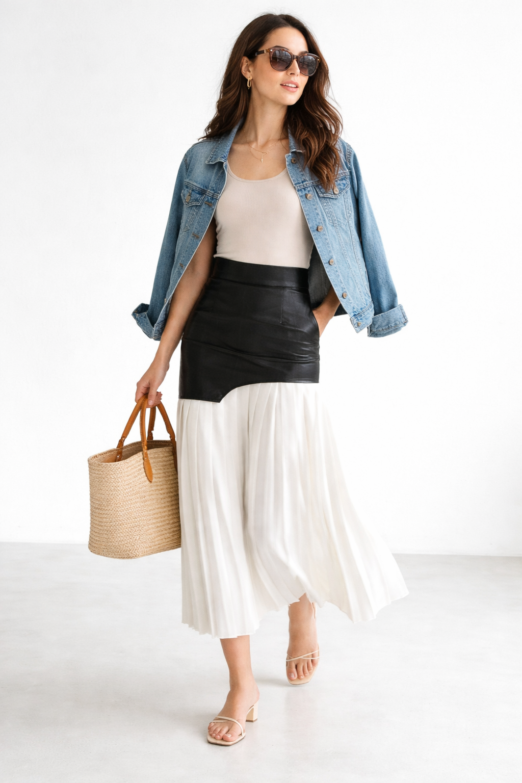 Asymetryczna spódnica maxi wykonana ze sztucznej skóry i szyfonu