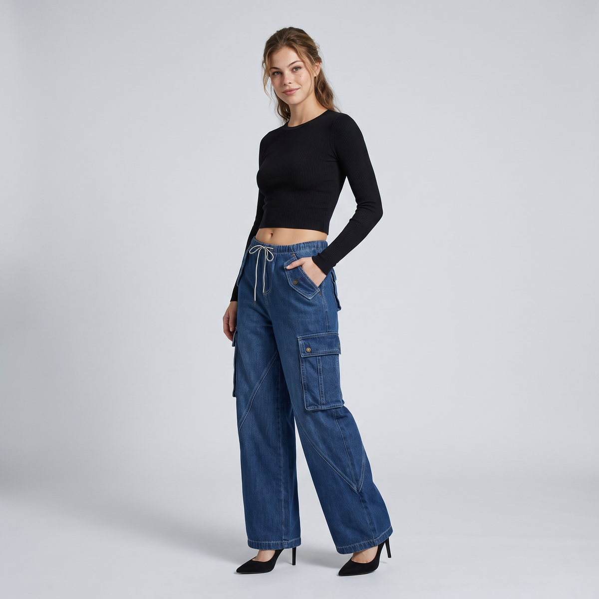 Jeansy cargo Amelia ze sznurkiem w talii