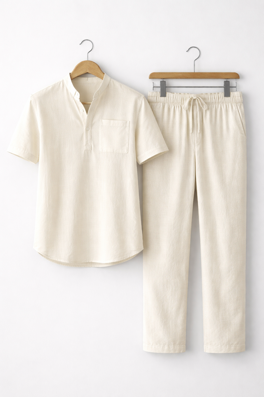 Teksturowany Komplet z Koszulą z Krótkim Rękawem i Spodniami z Mieszanki Lnu