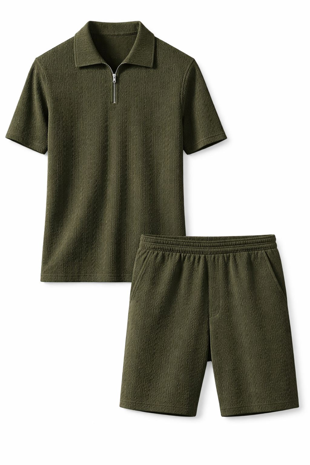 Teksturowany Komplet z Koszulką Polo na Zamek i Szortami