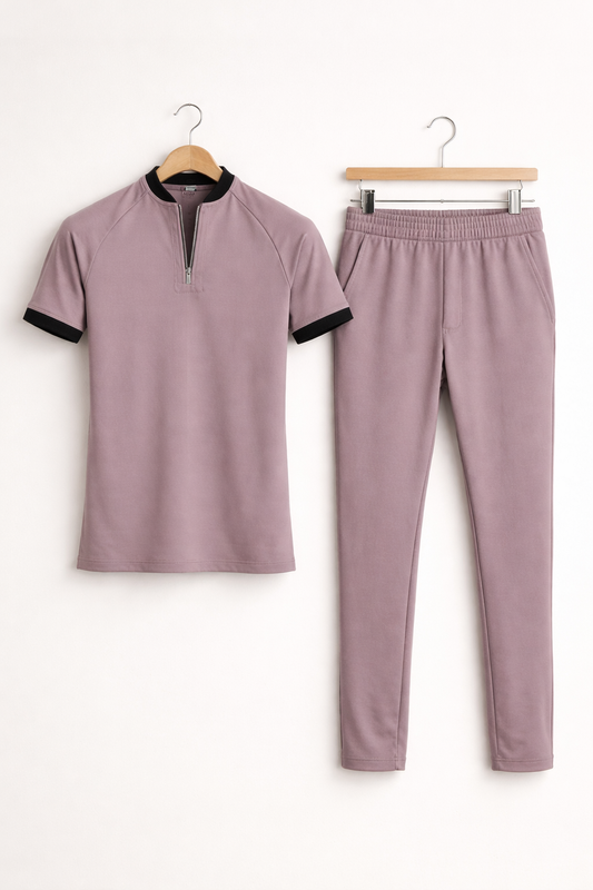 Komplet z Koszulką z Zamkiem przy Kołnierzu i Dopasowanymi Spodniami