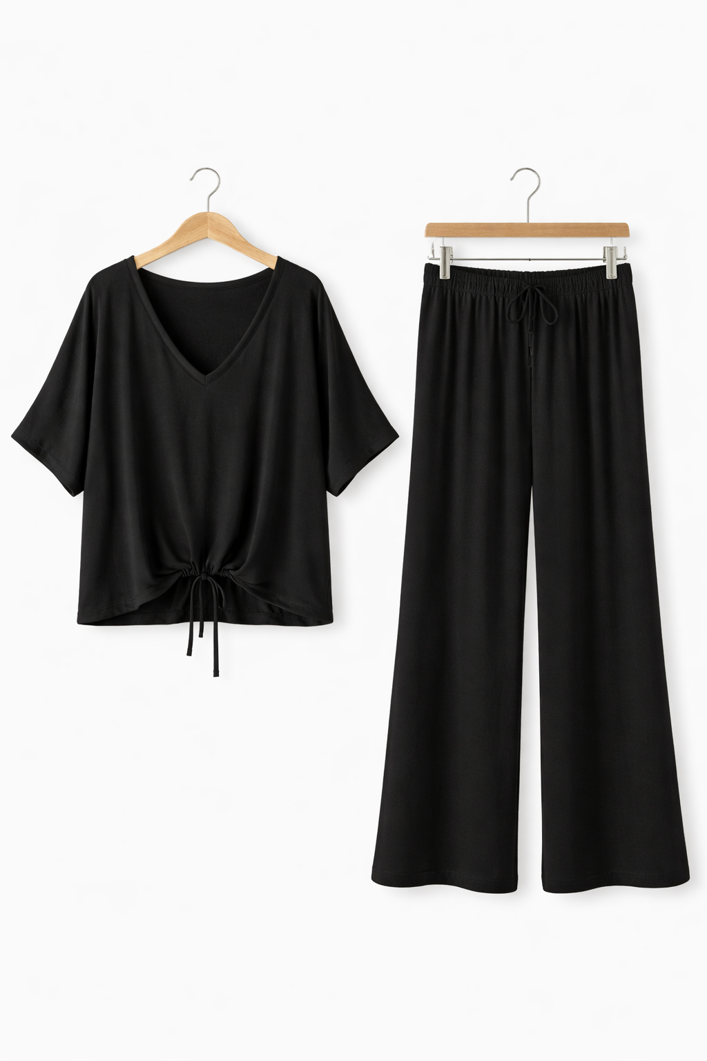 Damski Zestaw Drapowana Koszulka i Spodnie z Szeroką Nogawką