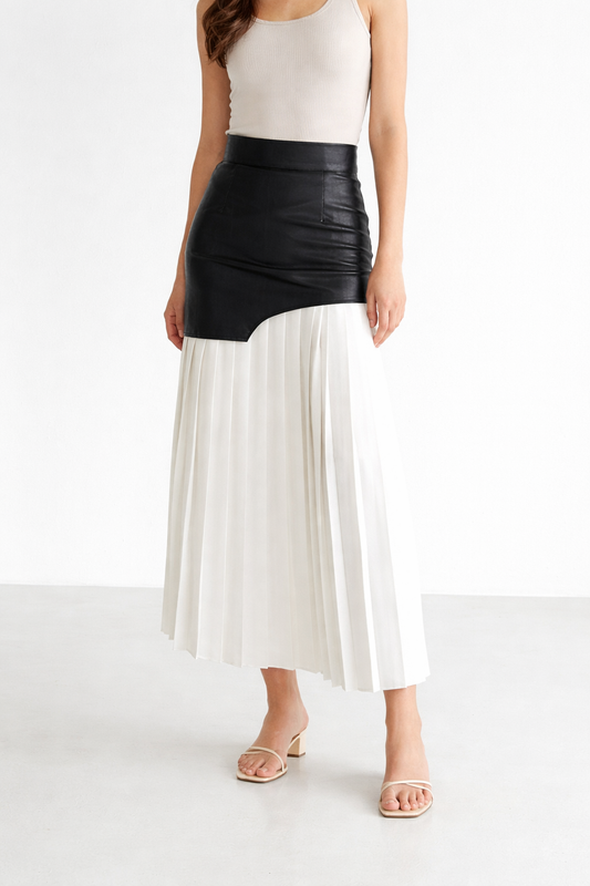 Asymetryczna spódnica maxi wykonana ze sztucznej skóry i szyfonu