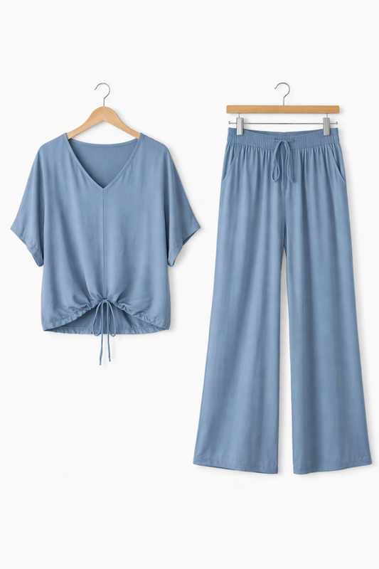 Damski Zestaw Drapowana Koszulka i Spodnie z Szeroką Nogawką