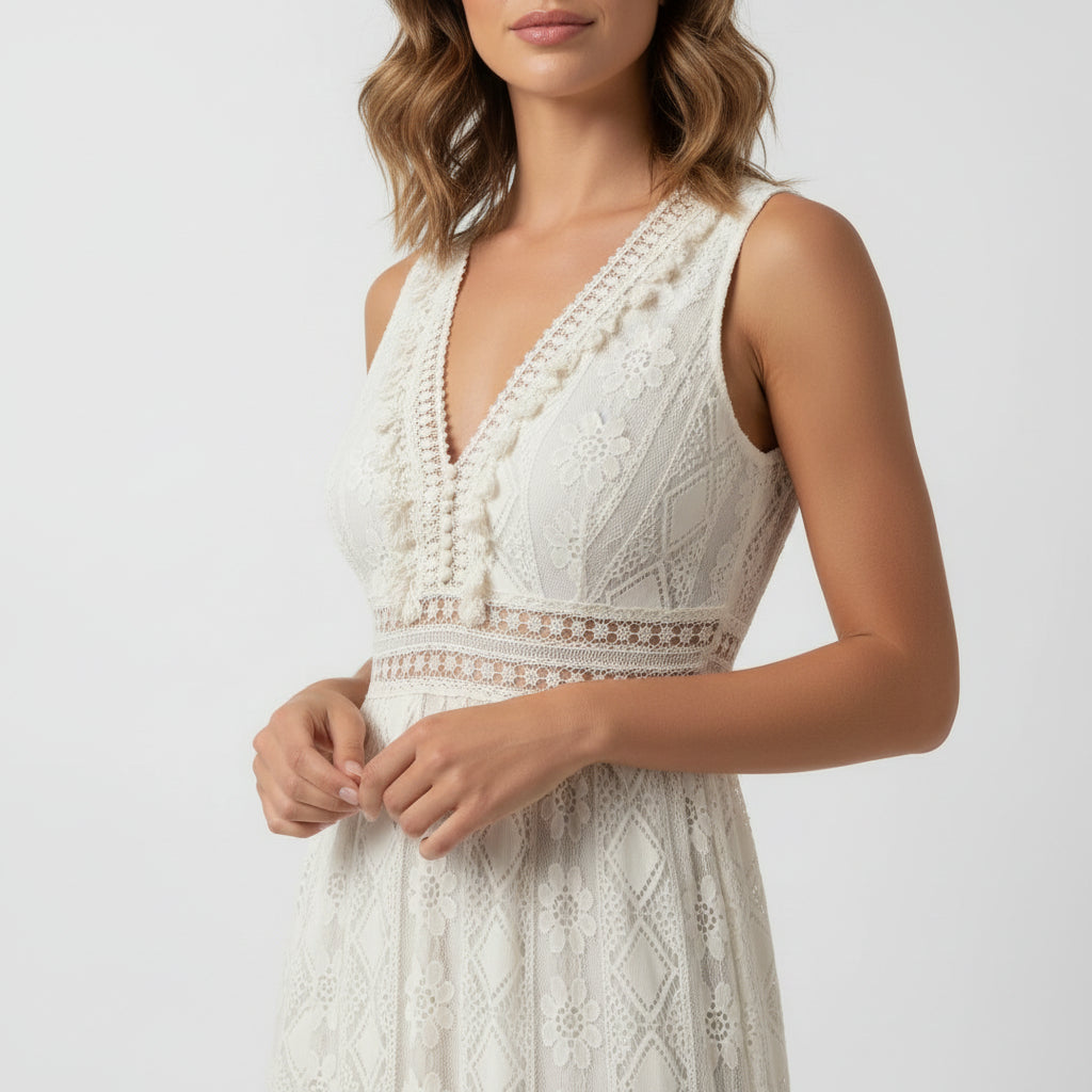 Sukienka maxi w stylu boho z ażurowym wzorem i rozcięciem z boku