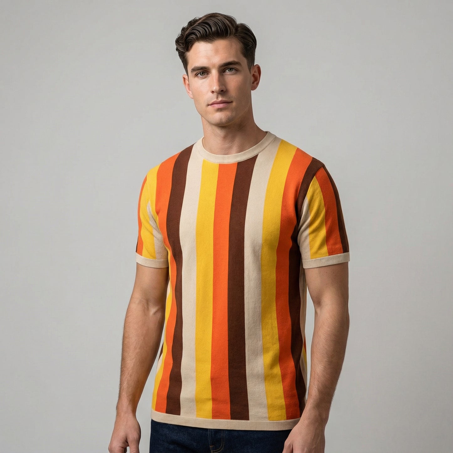 Męska dzianinowa koszulka w stylu retro z poziomymi paskami