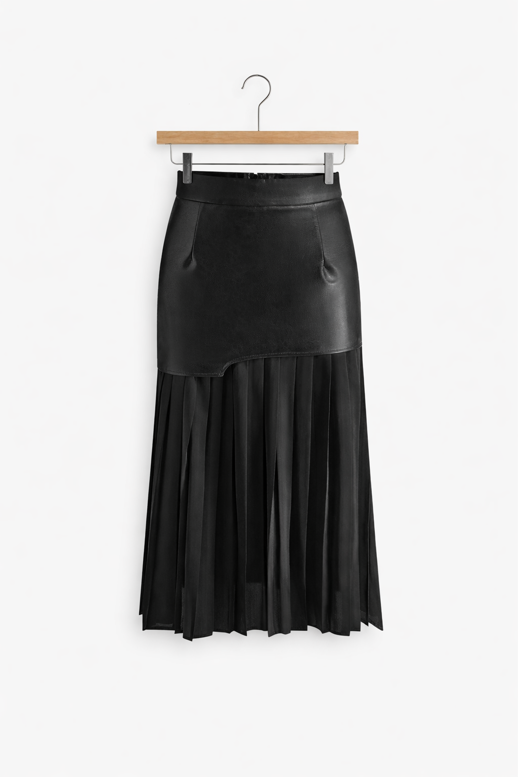 Asymetryczna spódnica maxi wykonana ze sztucznej skóry i szyfonu