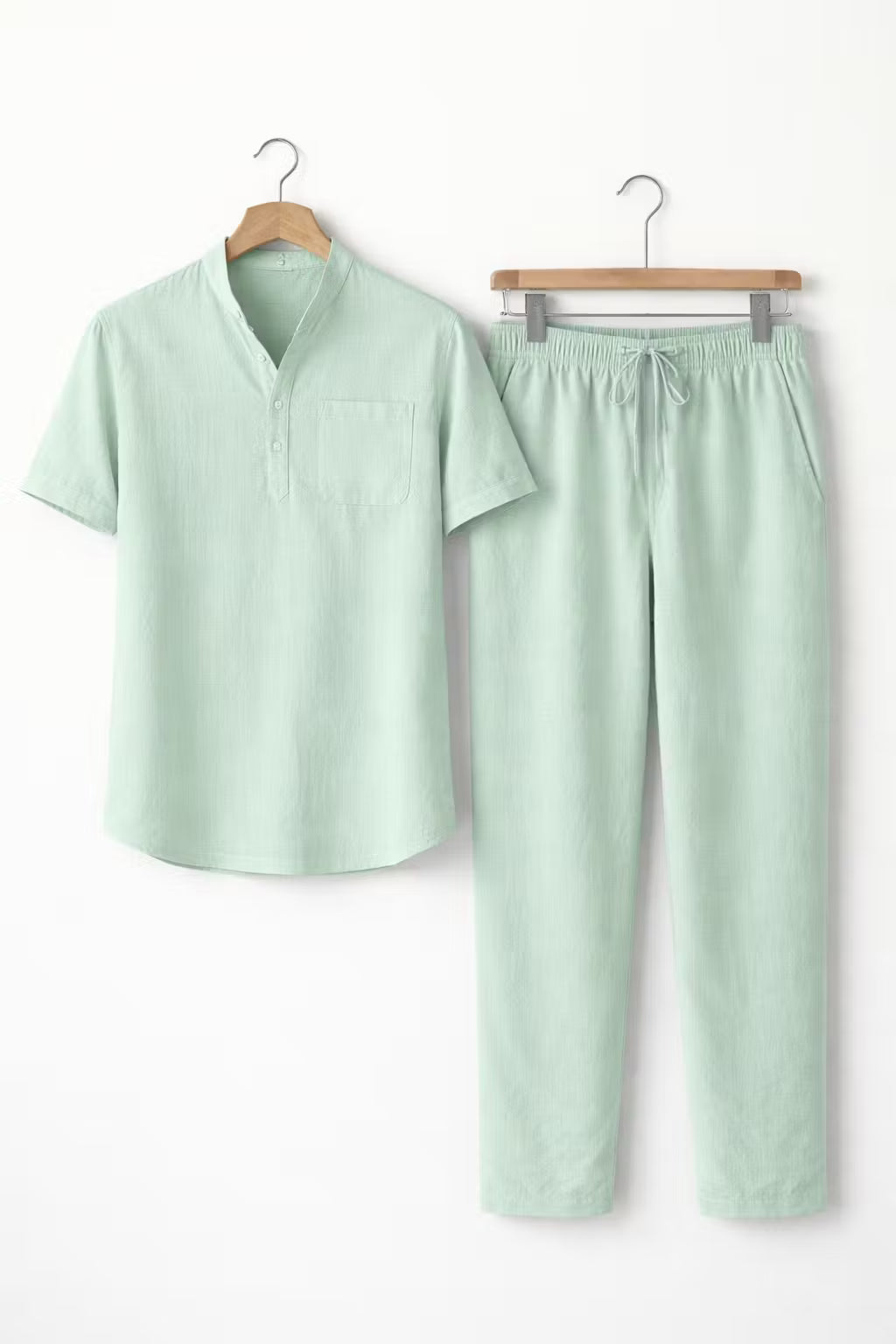 Teksturowany Komplet z Koszulą z Krótkim Rękawem i Spodniami z Mieszanki Lnu