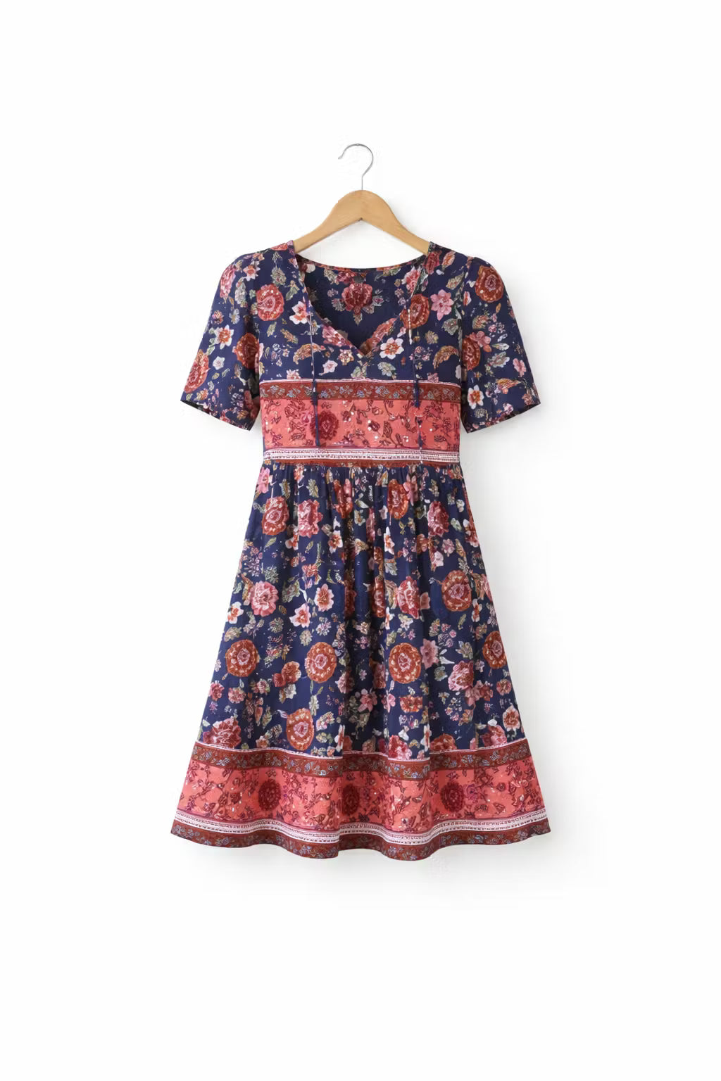 Sukienka Mini Boho w Kwiaty z Dekoltem V i Marszczoną Talią