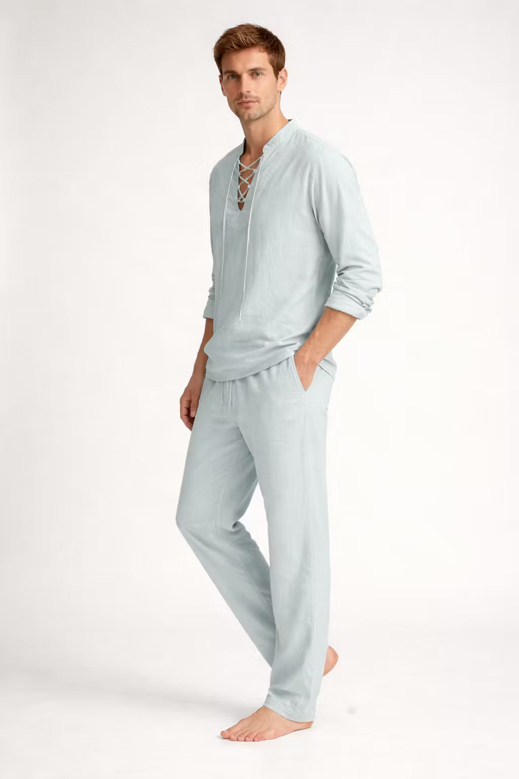 Teksturowany Komplet z Koszulą Wiązaną i Spodniami