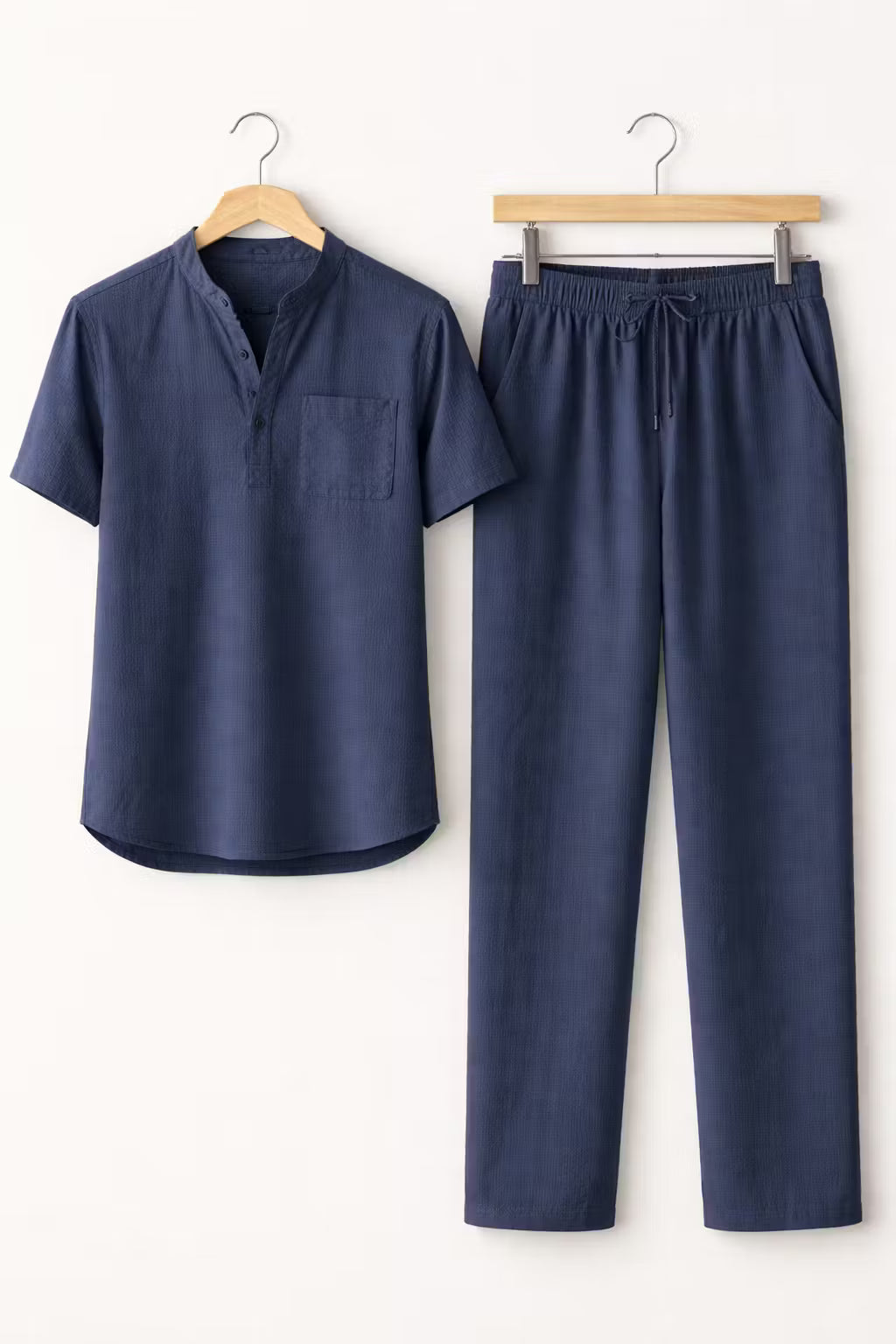 Teksturowany Komplet z Koszulą z Krótkim Rękawem i Spodniami z Mieszanki Lnu