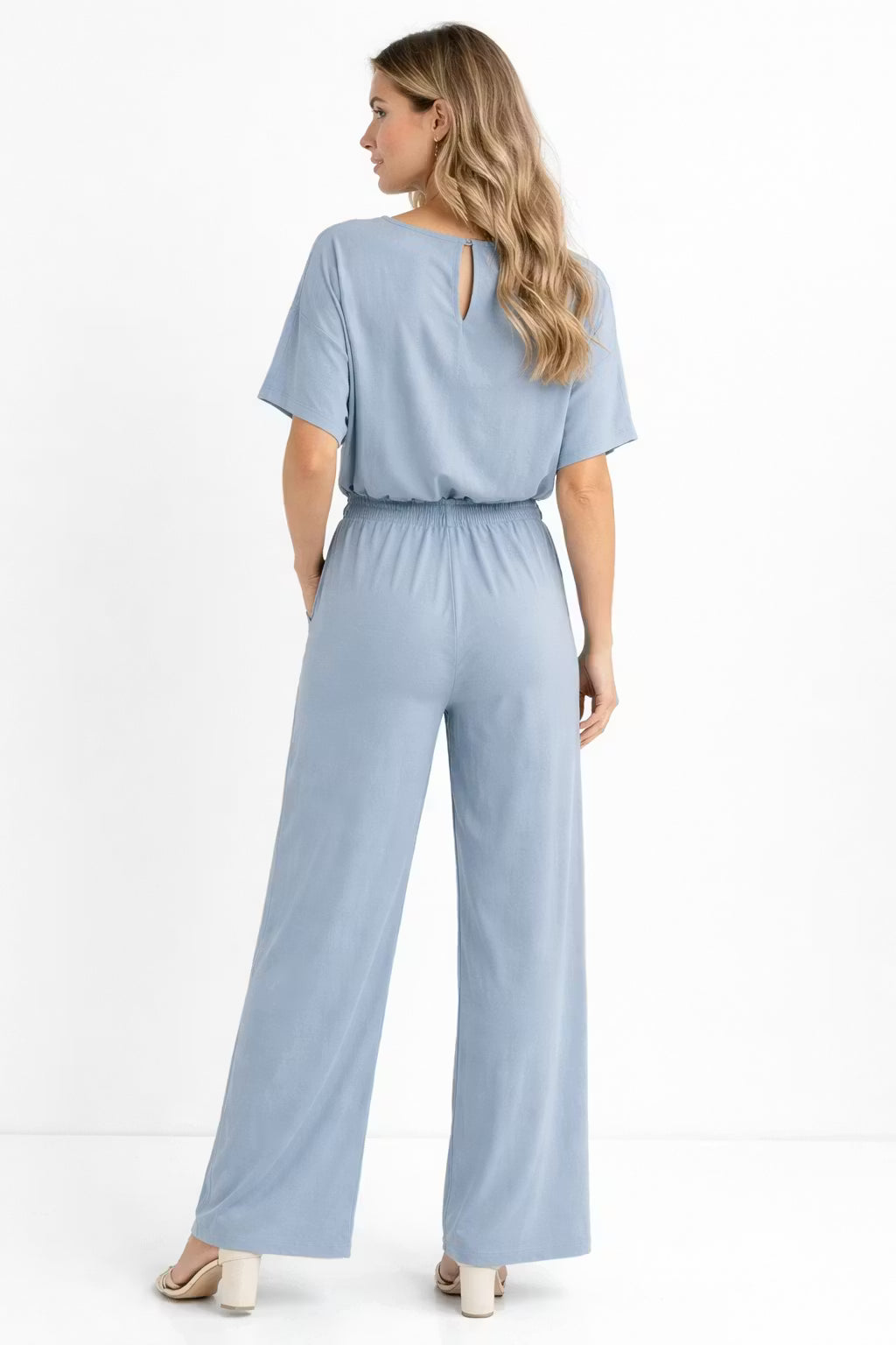 Damski Zestaw Drapowana Koszulka i Spodnie z Szeroką Nogawką