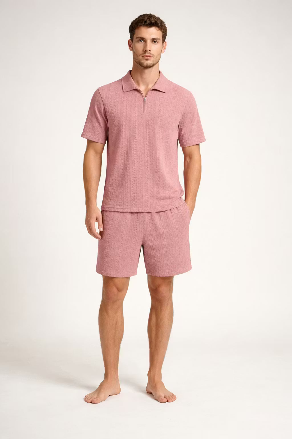Teksturowany Komplet z Koszulką Polo na Zamek i Szortami