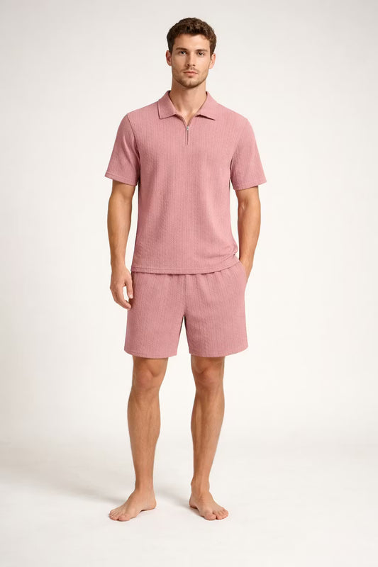 Teksturowany Komplet z Koszulką Polo na Zamek i Szortami