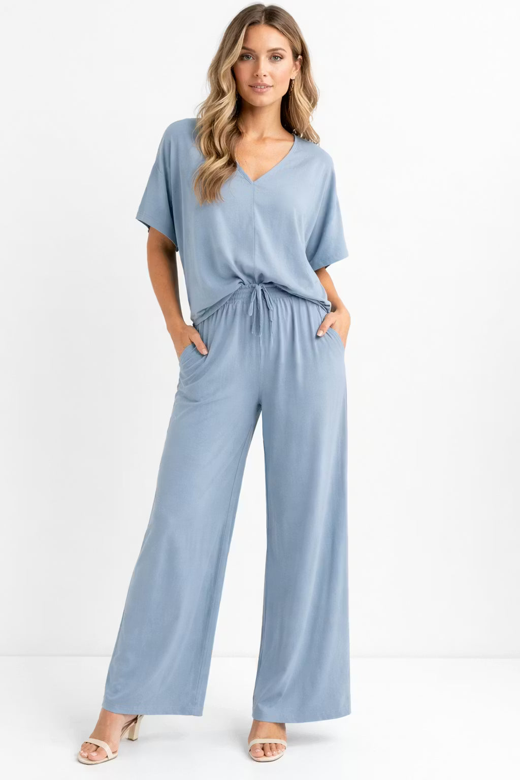 Damski Zestaw Drapowana Koszulka i Spodnie z Szeroką Nogawką