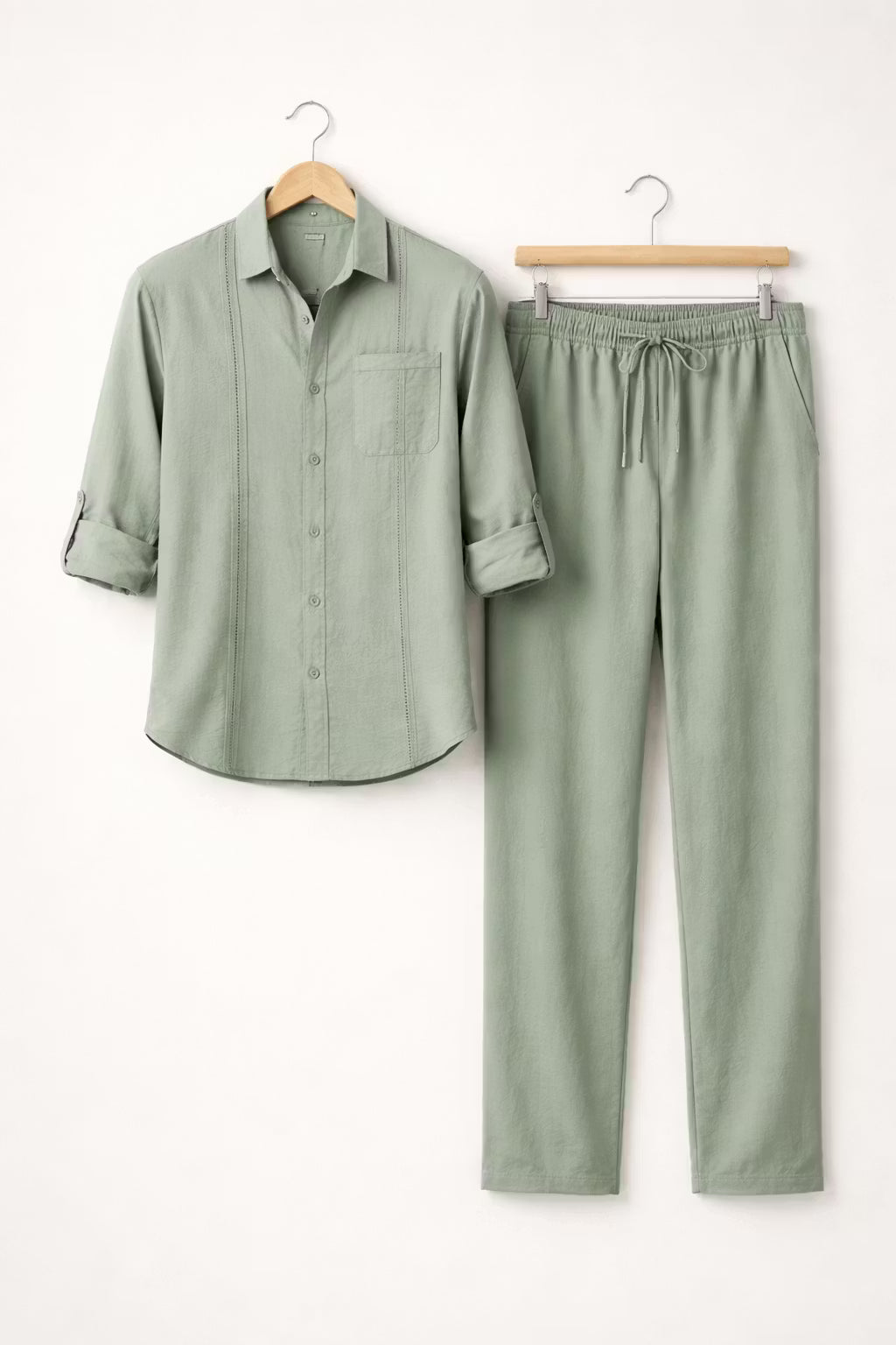 Teksturowany Komplet w Odcieniu Szałwii z Koszulą i Spodniami ze Sznurkiem