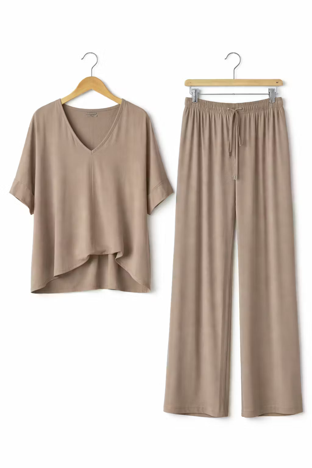 Damski Zestaw Drapowana Koszulka i Spodnie z Szeroką Nogawką