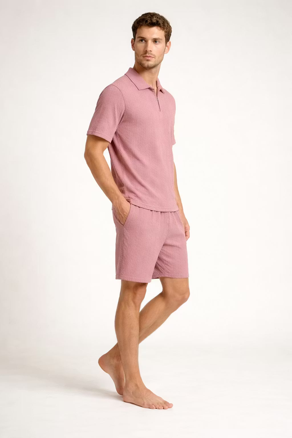 Teksturowany Komplet z Koszulką Polo na Zamek i Szortami