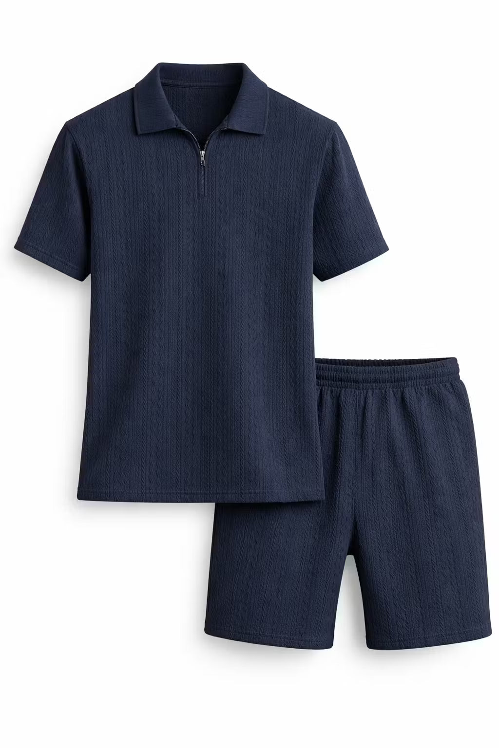 Teksturowany Komplet z Koszulką Polo na Zamek i Szortami