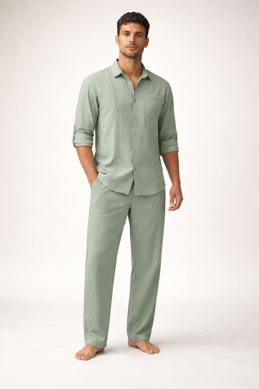 Teksturowany Komplet w Odcieniu Szałwii z Koszulą i Spodniami ze Sznurkiem