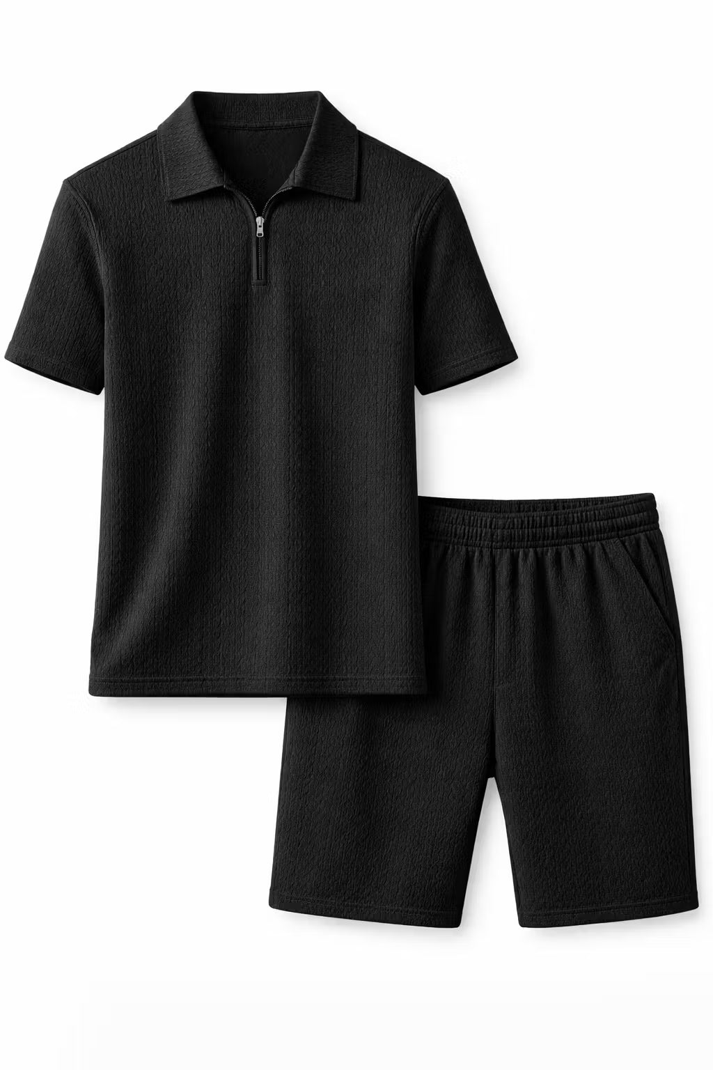 Teksturowany Komplet z Koszulką Polo na Zamek i Szortami